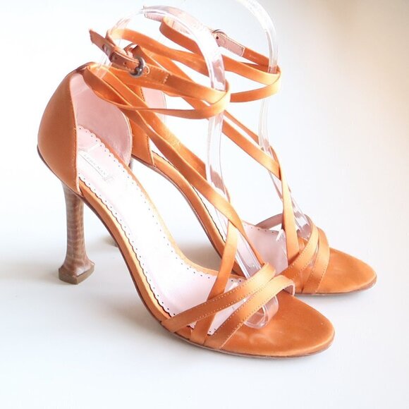 Leon Max Orange Satin Ankle Strap Open Toe Heels / Sandals / Dressy Shoes 6.5 - Picture 15 of 16